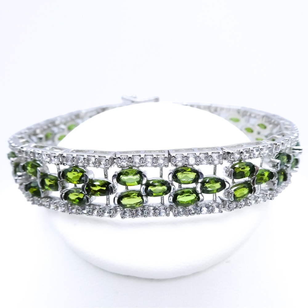 Chrome Diopside Zircon Halo Wide Sterling Silver 6.5" Tennis Bracelet Signed RRJ